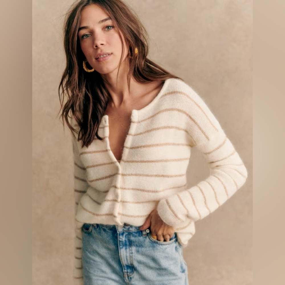 Sezane Gaspard cardigan, ecru/gold stripe, medium
